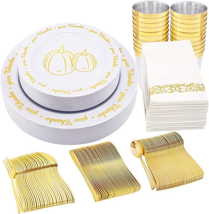 Supernal 200pcs Gold Plastic Dinnerware,Thanksgiving Plastic Plates,Gold Plastic Cutlery,Thanksgi... | Amazon (US)