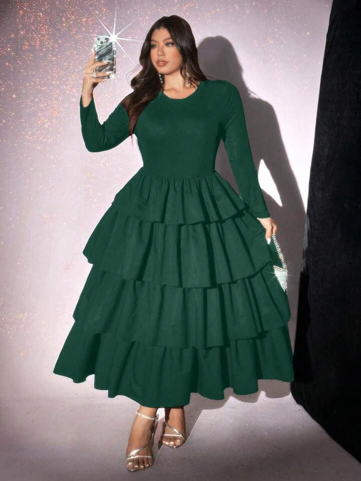 Viva Relle Women Plus Size Elegant Round Neck Long Sleeve Cinched Waist Tiered Hem Solid Color Dress | SHEIN