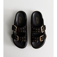 Women's Black Faux Suede Eyelet Embellished Flatform Sandals New Look | New Look (UK)