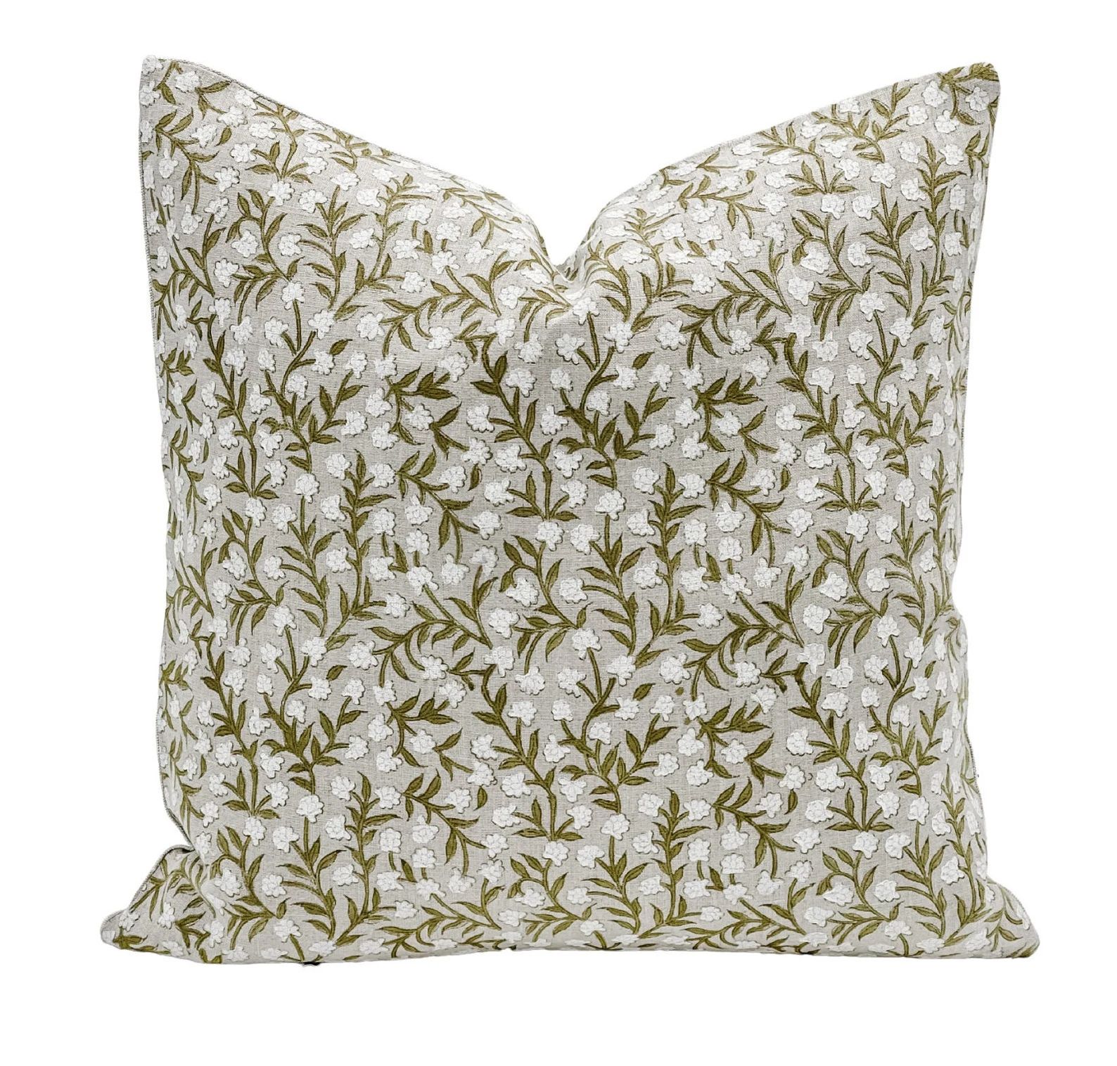 Designer Moss Green Floral Design on Natural Linen Pillow - Etsy | Etsy (US)