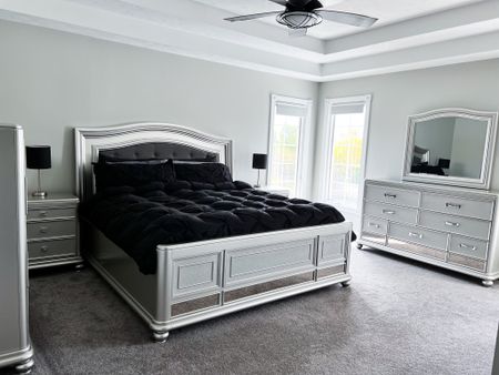 Took me forever to find just what I was wanting! Worth the wait and worth every penny! 🖤 

Bedroom. King bed. Silver bedroom furniture. Glam furniture. Black bedding. One stop bedrooms. Amazon. Black lamps. For the bedroom. Silver bedside table. Silver dresser. 

#LTKfamily #LTKstyletip #LTKhome
