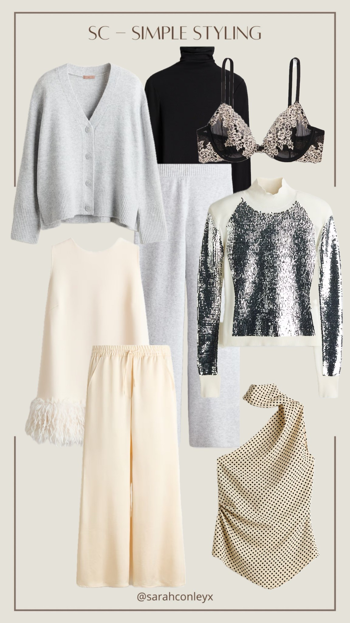 H&M new in - my order 
Silver sequin jumper
Cream satin wide leg trousers 
Christmas party outfit 
Loungewear 
Grey knit trousers 
Grey knit co-ord
Polka dot top 
Black turtleneck 

#LTKuk #LTKpartywear #LTKstyletip