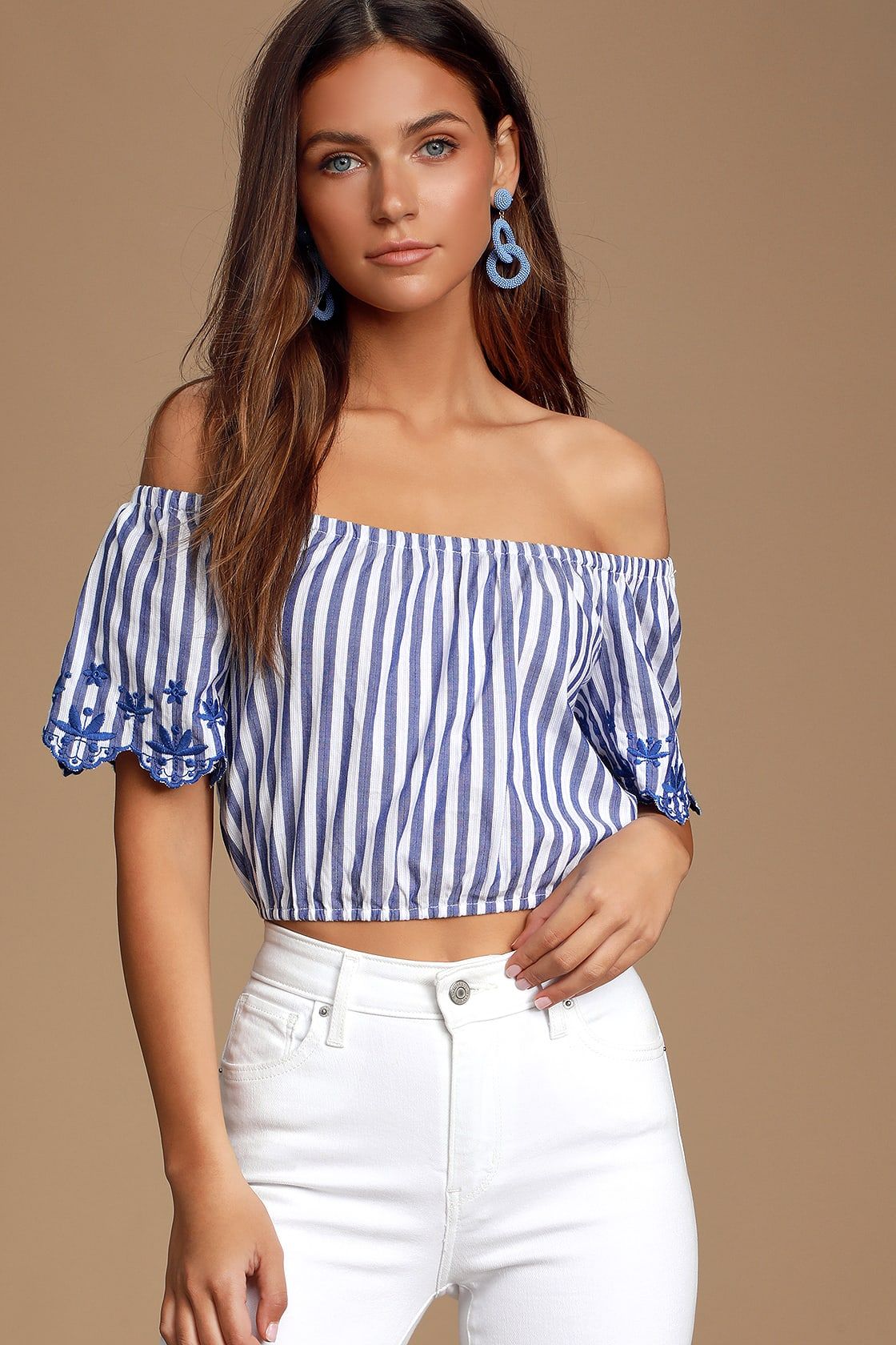 Braxtyn Blue Striped Off-the-Shoulder Crop Top | Lulus