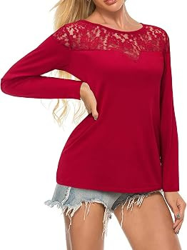 OUGES Women's Cute Lace Tops Long Sleeve Fall Tops Casual Round Neck Tunic Sexy Tee Shirt Blouse | Amazon (US)