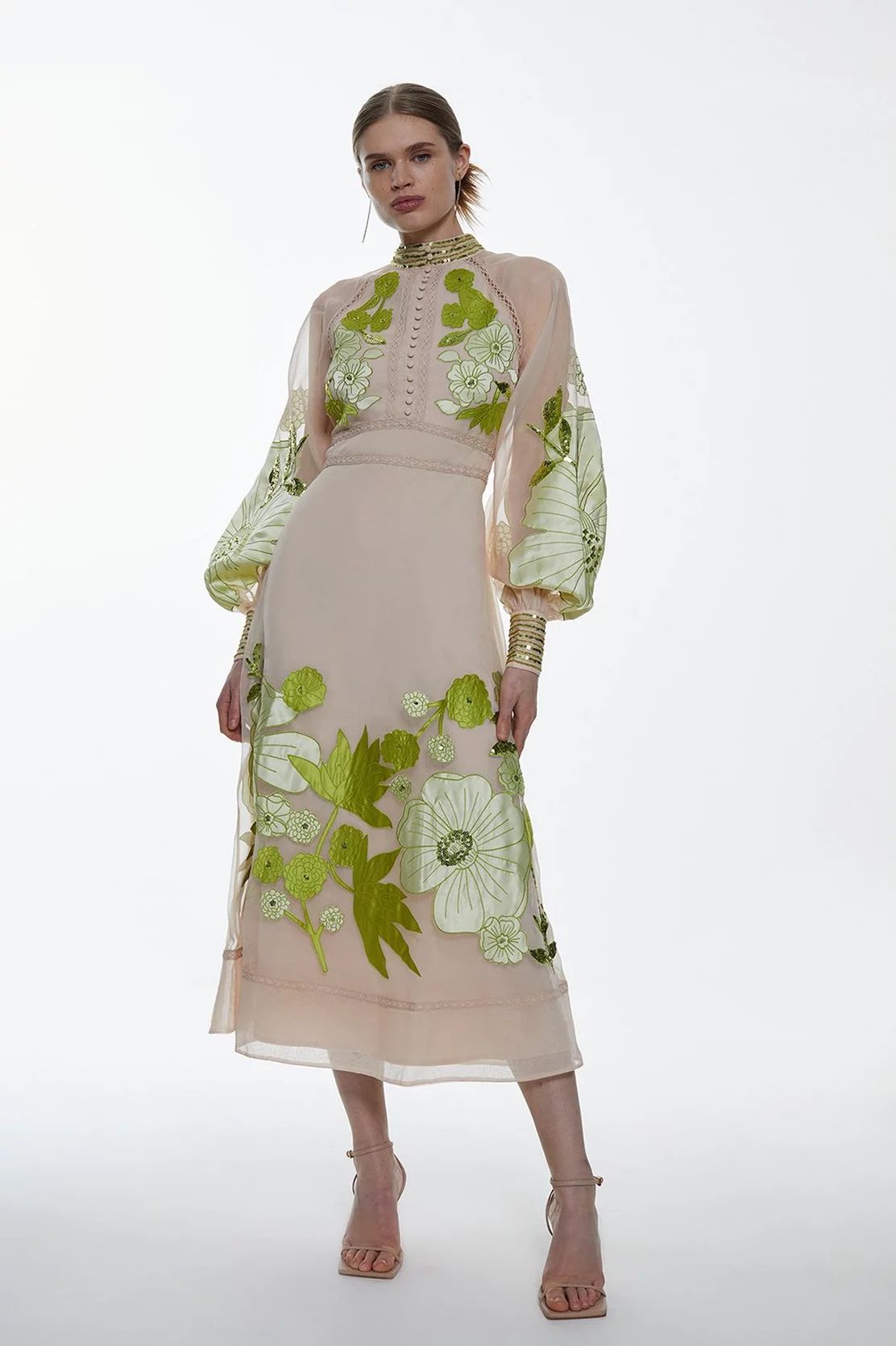 Organdie Applique Buttoned Woven Midi Dress | Karen Millen US