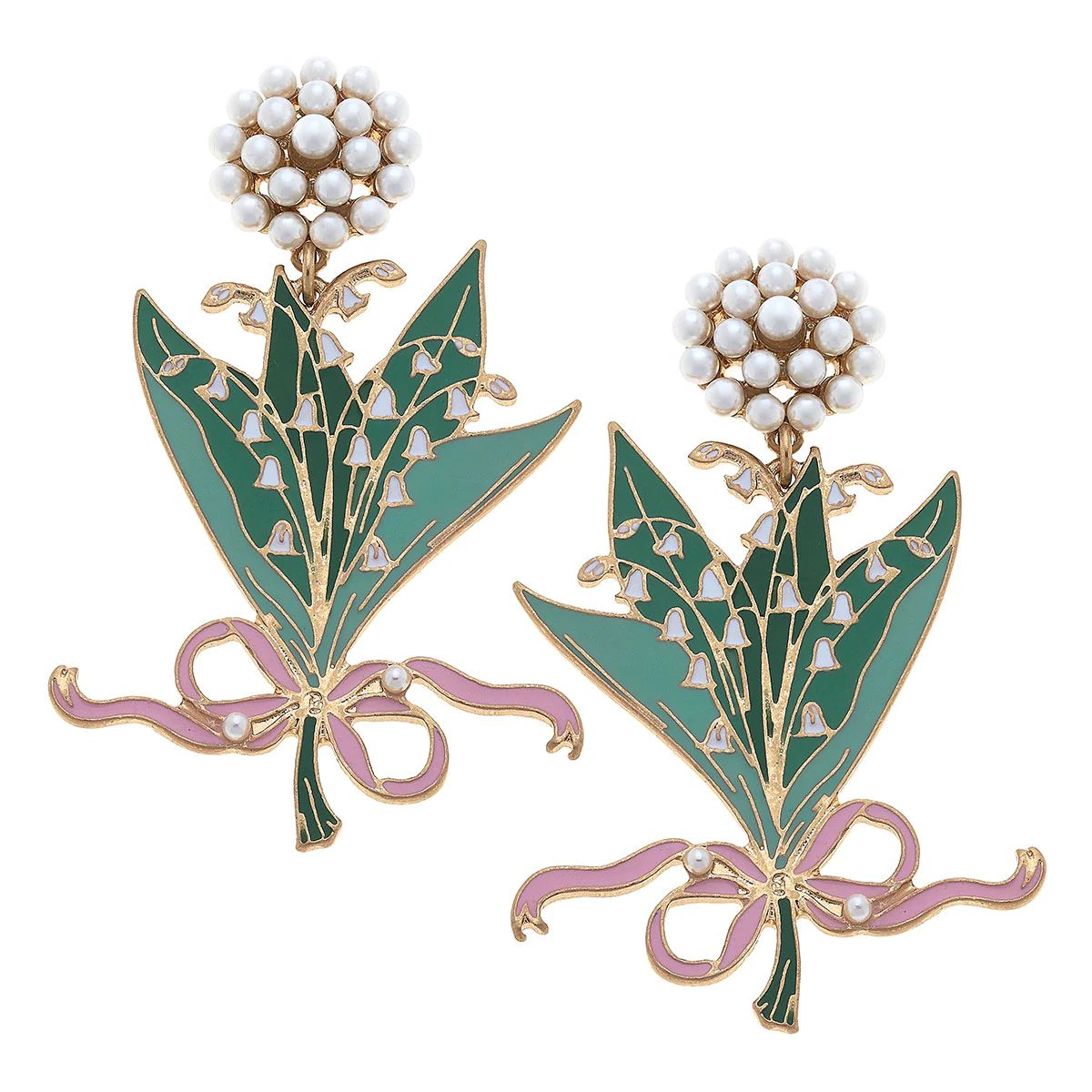 Lily of the Valley Enamel Bouquet Earrings in Green & Pink | CANVAS