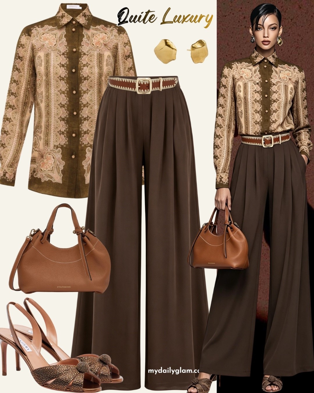 Quite Luxury Chocolate Brown Printed Shirt Outfit #QuiteLuxuryStyle #ChocolateBrownFashion #OldMoneyAesthetic #PaisleyPrintBlouse #ChocolateToneWorkwear

#LTKootd #LTKOver40 #LTKWorkwear