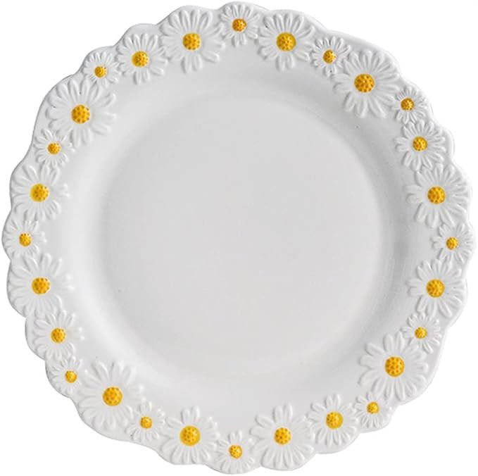 Ceramic Daisy Flat Plate Embossed Dessert Dish Small Daisy Edge Relief Dinnerware Steak Plate Irr... | Amazon (US)