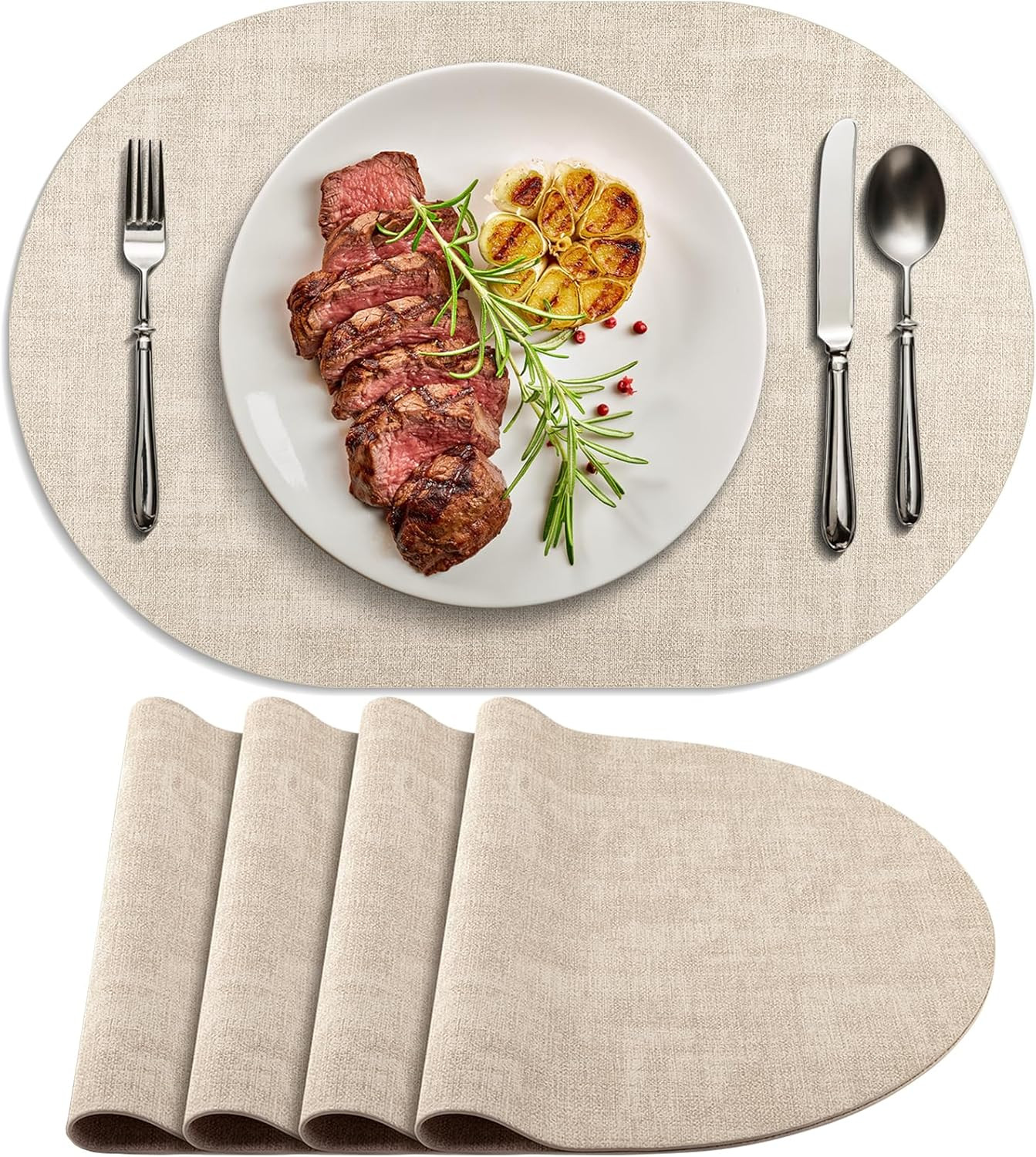 Placemats for Dining Table Set of 4 Non-Slip, Heat Resistant Oval Leather Placemat Double Layer, Waterproof Table Mats Easy to Clean for Kitchen Dining Room Coffee Office Table, Beige | Amazon (US)