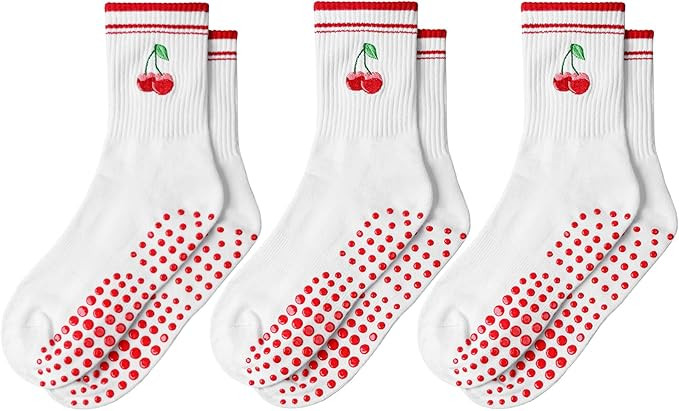 Pilates Socks Non Slip: 3 Pairs Grip Women Crew Socks Embroidery Pattern | Amazon (US)