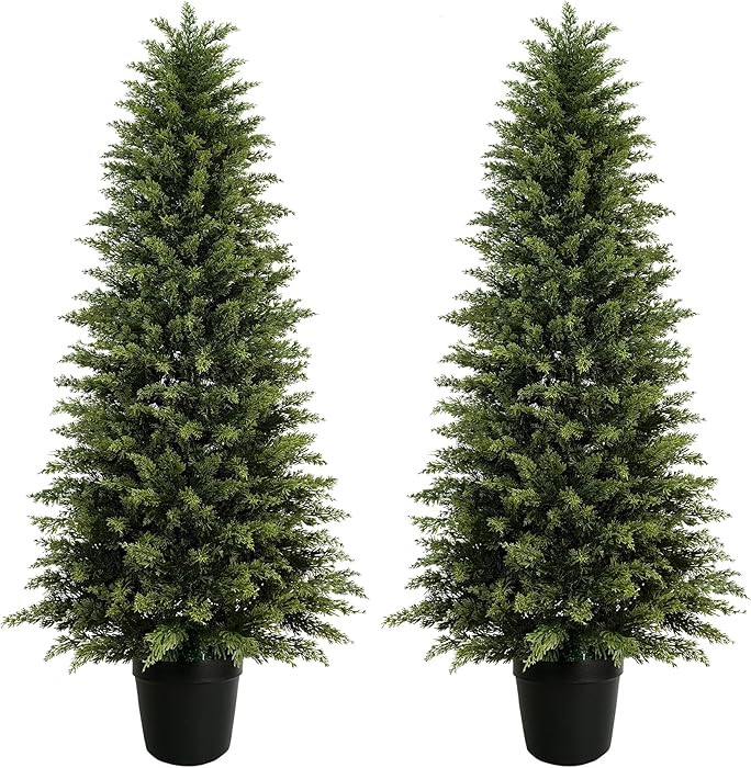 2 Pack 5ft Artificial Cedar Trees for Outdoors (UV Resistant), Potted Faux Cedar Topiary Plants f... | Amazon (US)