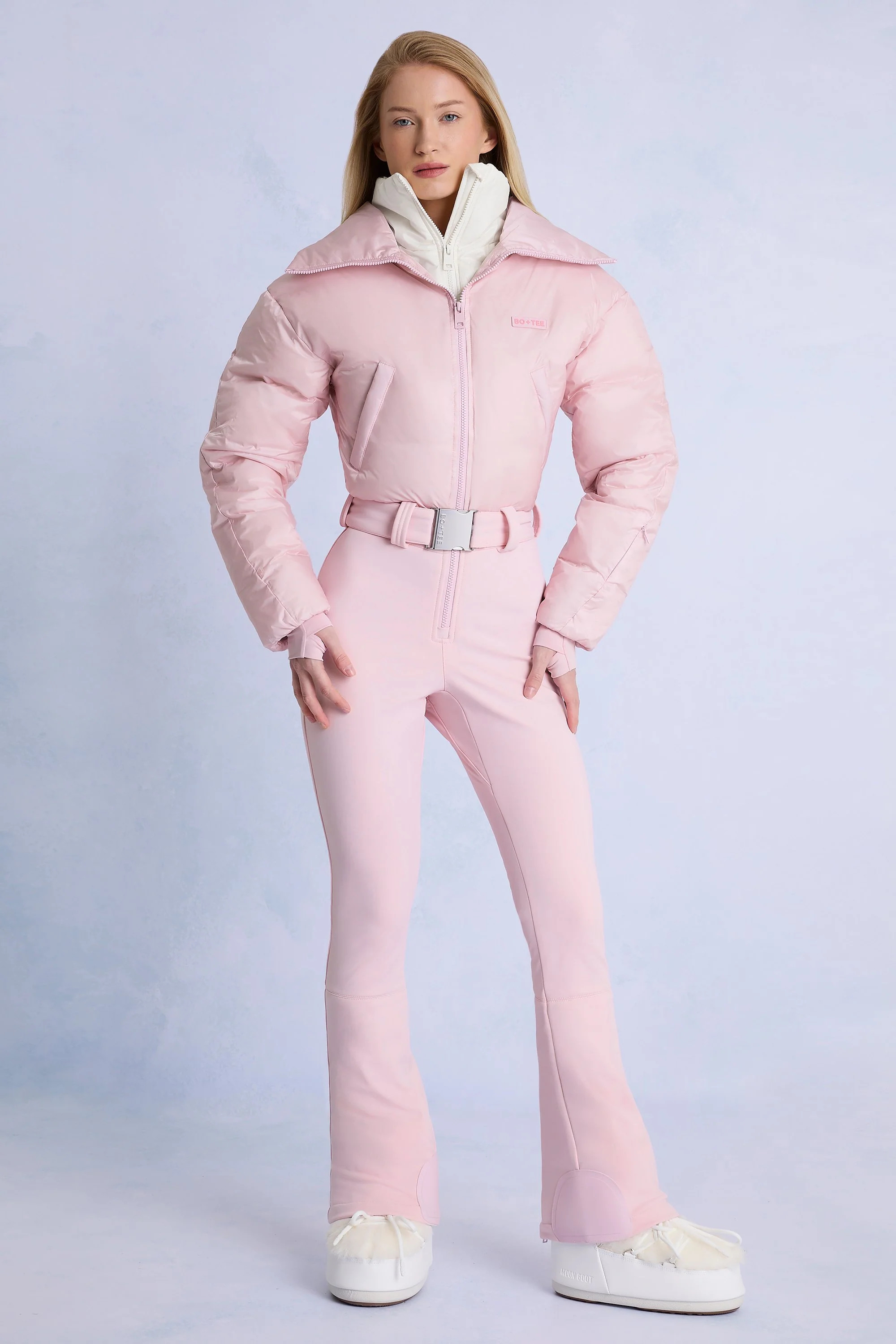 Waterproof Belted Layered Ski Suit in Powder Pink | Oh Polly