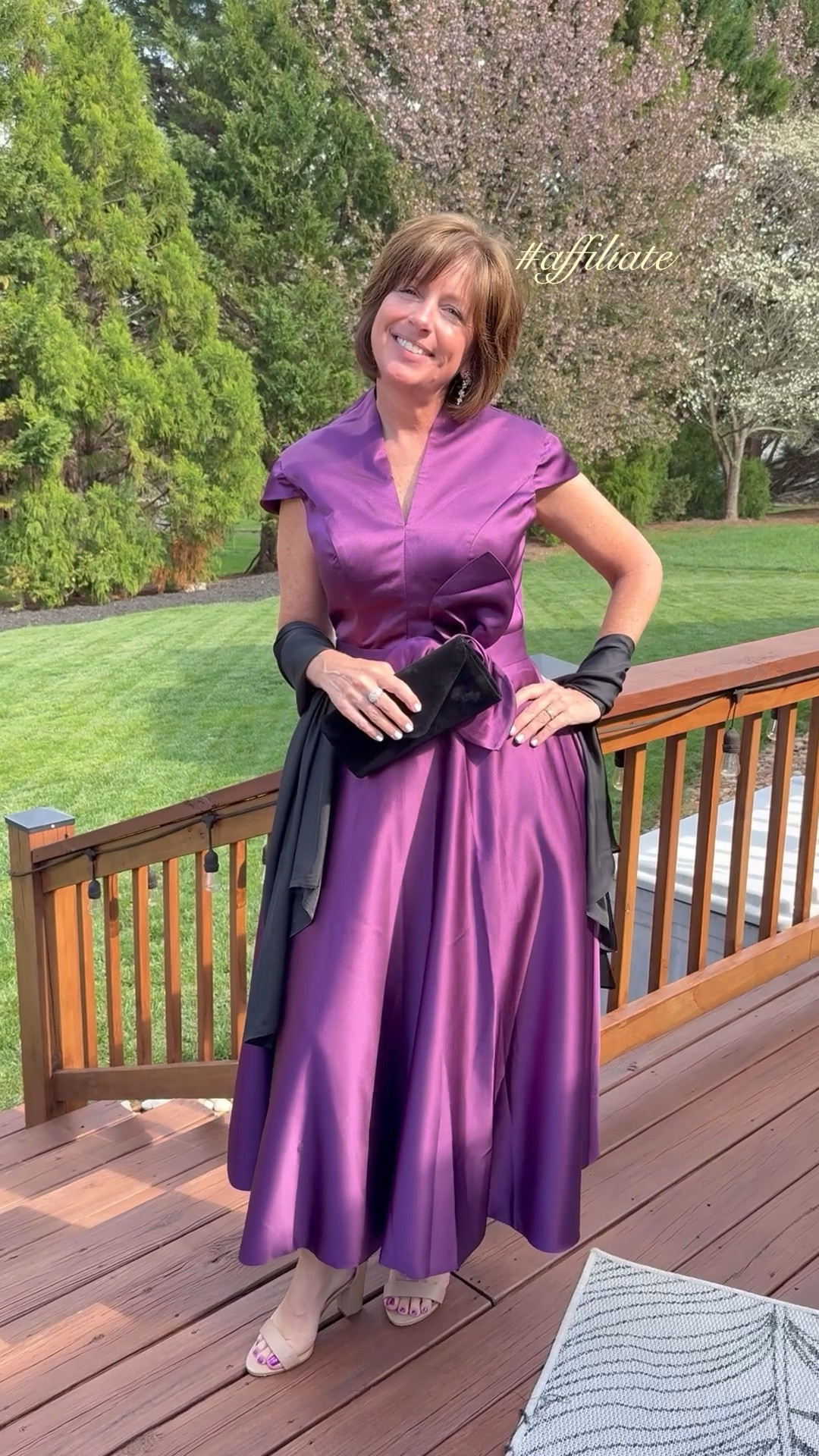 Tea Length Satin A-line Cocktail Dress

Real life look from all angles.  I wore this to a black tie optional wedding. It was very comfortable to wear all evening and to dance in. Would be perfect for a mother of the bride dress, wedding guest dress, cocktail party, any formal or semi formal event.

I’m wearing PLUM in size 8. I could have sized down a little bit because the top seems slightly roomy. 
I love the tea length with the flair I feel like it’s giving a 50s vibe but the material gives very classy satin and the color is stunning.  Comes in every color you can imagine.  I like the a line because I have a big butt so this makes it balance out with the cap sleeves.  It has a smooth hem on the vneck. And I’m showing what it looks like in the outside lighting and on the inside.  If you’re looking for a formal yet comfortable dress to wear to an upcoming event go ahead and get you one I highly recommend this one.  #cocktaildress #formaldress #weddingguestdress