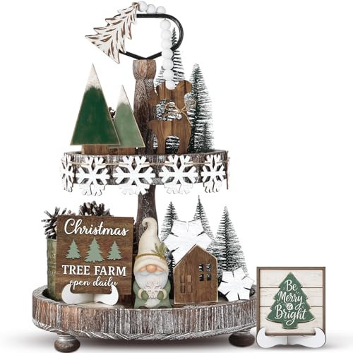 Yalikop 20 Pcs Neutral Sage Green Christmas Tiered Tray Decor Set Farmhouse Rustic Snowflake Xmas Tree Wood Table Centerpiece Decoration Tabletop Sign for Winter Home Kitchen Festival | Amazon (US)