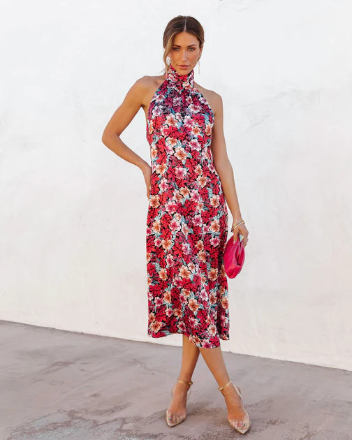 Maryse Satin Floral Halter Midi Dress | VICI