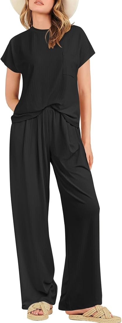 Women's Two Piece Lounge Sets with Wide Leg Knit Pullover Tops and High Waisted Pants Tracksuits | Amazon (US)