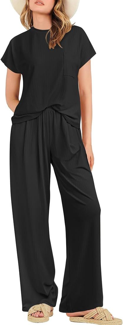 Women's Two Piece Lounge Sets with Wide Leg Knit Pullover Tops and High Waisted Pants Tracksuits | Amazon (US)