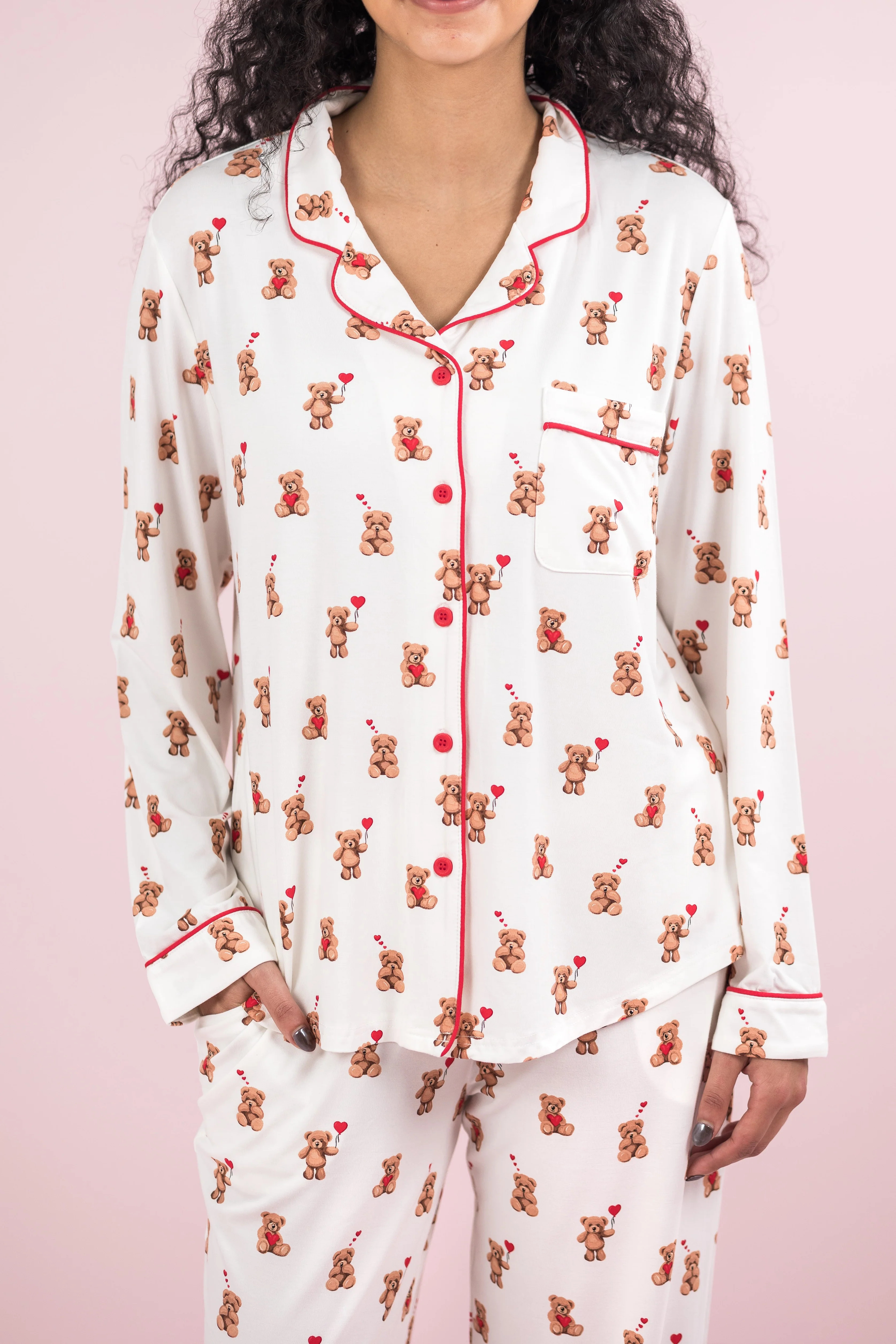 Bamboo Long-Sleeved Women's Pajama Set in Bear Hearts | Kyte Living