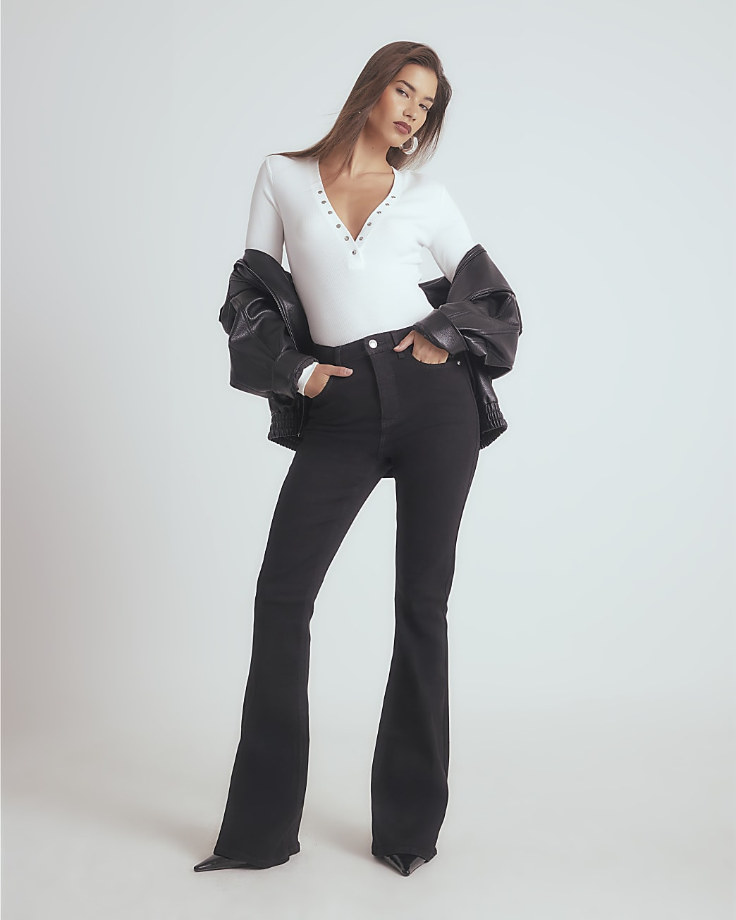 Black High Rise Sculpt Flare Jeans | River Island UK & IE