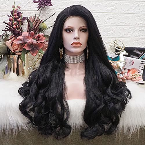 IMSTYLE 26 Inches Black Lace Front Wig Natural Long Wavy Synthetic Hair Wig for Cosplay Party Halloween (black) | Amazon (US)