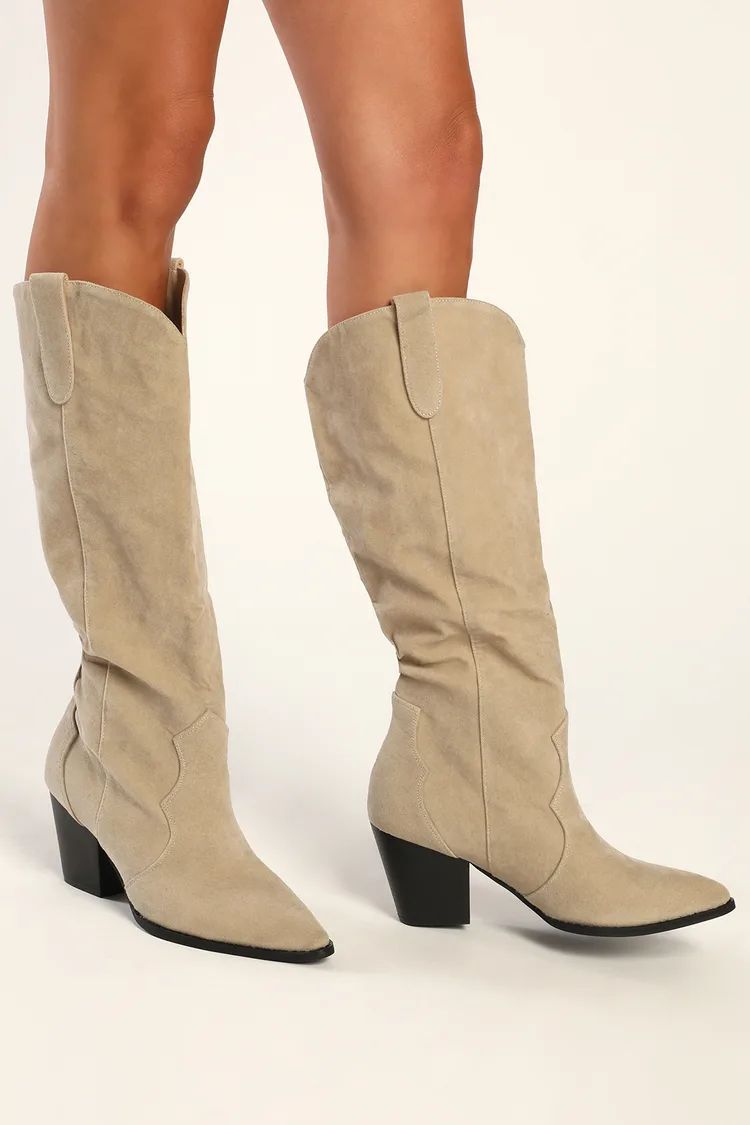 Luannie Beige Suede Pointed-Toe Knee-High Boots | Lulus (US)