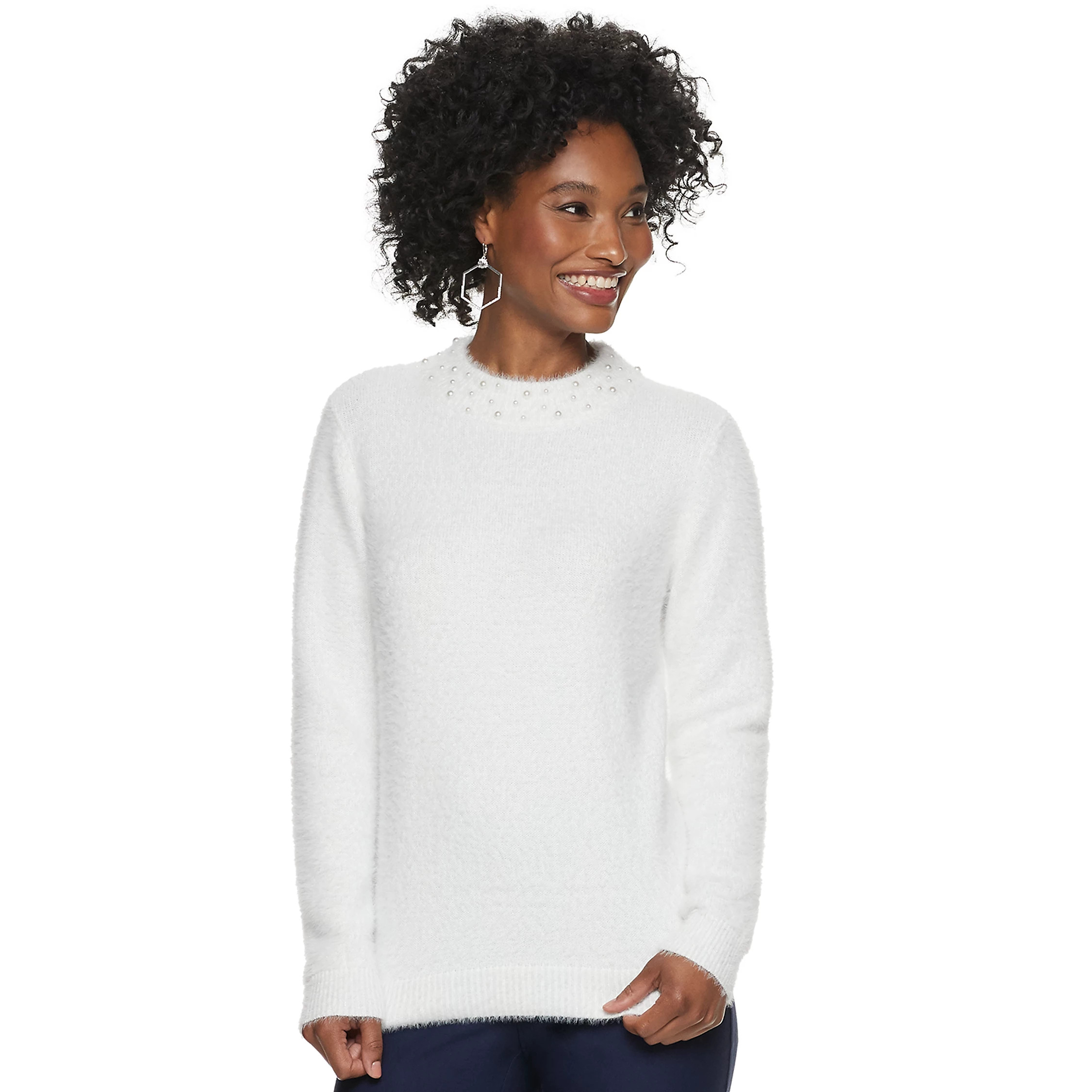 Women's ELLE™ Simulated Pearl Neck Sweater | Kohl's