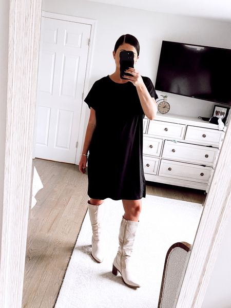 T Shirt Dress (size L) - I’m 5’6” 
Boots (size 8.5) - normally size 8


#LTKstyletip #LTKunder100 #LTKSeasonal