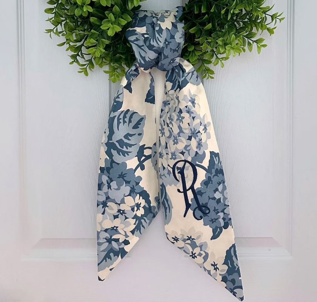 Monogram Floral Blue Chinoiserie Wreath Sash for Front Door, Personalized Embroidered Spring East... | Etsy (US)