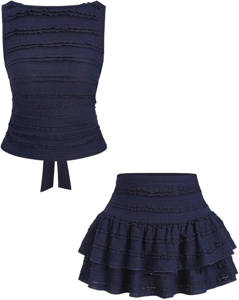 Verdusa 2 Piece Sets for Women Summer Sets Textured Tie Back Tank Top with Ruffle Layered Skirt V... | Amazon (US)