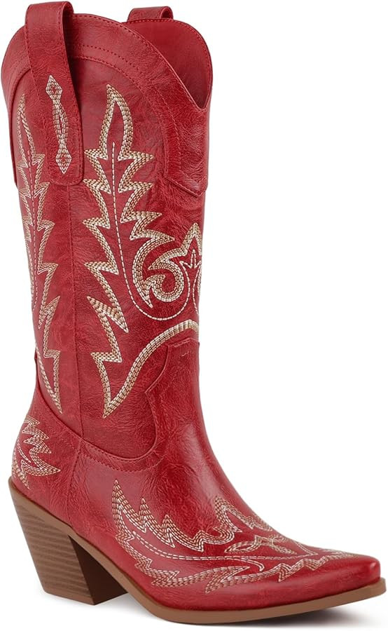 Western Cowboy Boots for Women Mid Calf Cowgirl Boots Pointed Toe Chunky Heel Embroidery Boots Sh... | Amazon (US)