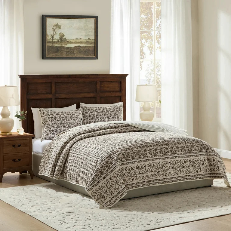 My Texas House Dahlia 3-Piece Ivory/Brown Floral Adult Quilt Set, Full/Queen | Walmart (US)