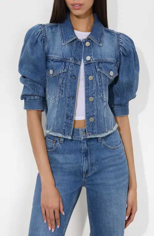 Alice + Olivia Lana Puff Sleeve Raw Hem Denim Jacket in Brooklyn Blue at Nordstrom, Size Small | Nordstrom