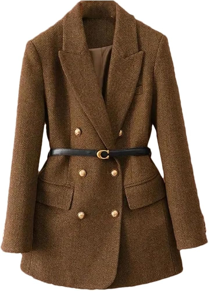 Women's Coat Autumn and Winter Thick Double-Breasted Loose Slim Belt Blazer | Amazon (US)