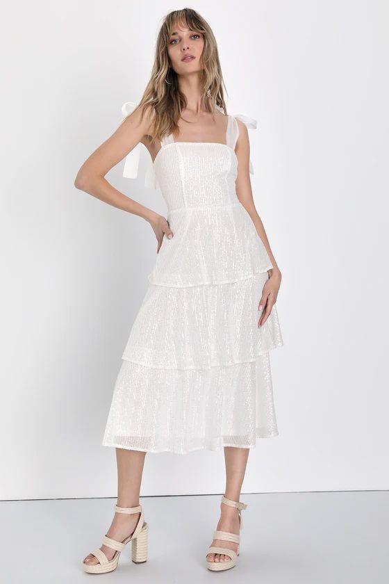 Sparkling Charm White Sequin Tie-Strap Tiered Midi Dress | Lulus (US)