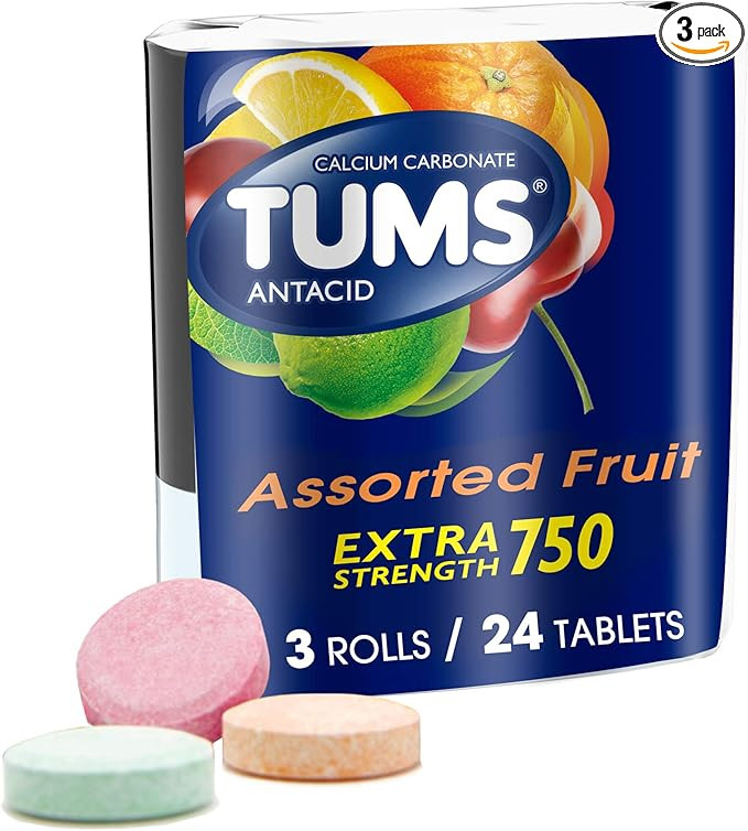 TUMS Extra Strength Assorted Fruit Antacid Chewable Tablets for Heartburn Relief, 3 rolls of 8ct | Amazon (US)