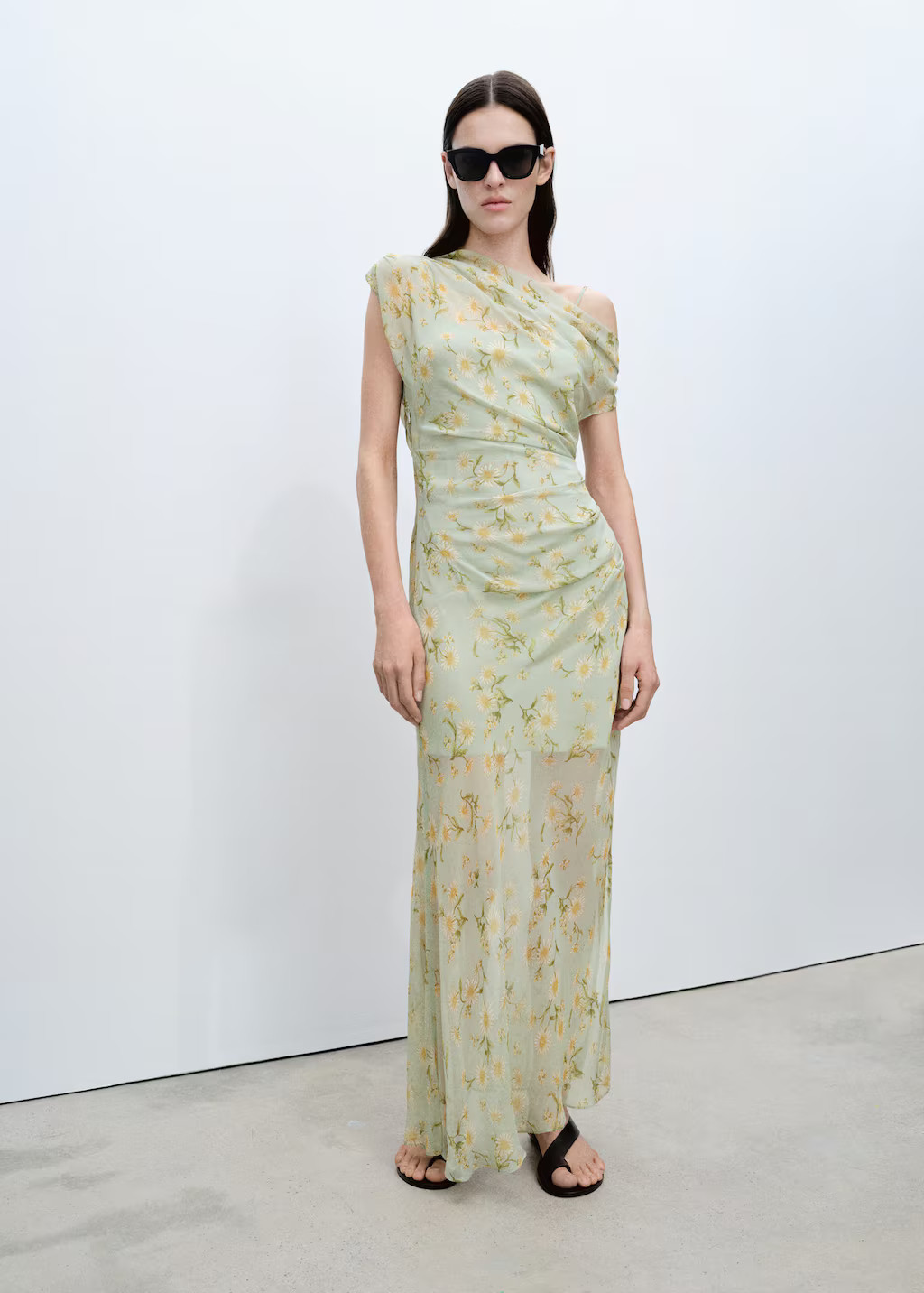 Semi-transparent floral-print draped dress pastel green - Women - 4 - MANGO | Mango (US/MX/AU)