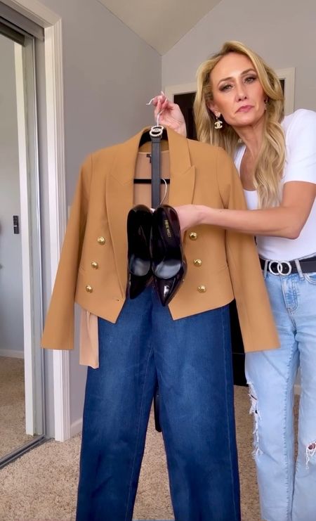 Wide Leg Jean Outfit.  Great outfit for Thanksgiving. Fall outfit, autumn outfit, cropped blazer, express, fall colors, pots, wiw, wide leg jeans, business casual, workwear style, outfit Inspo, style Inspo, 

#LTKstyletip #LTKworkwear #LTKunder100
