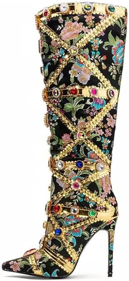 Kluolandi Women's Jewelled Floral-print Knee High Boots Sexy Pointed Toe Stiletto High Heels Boot... | Amazon (US)