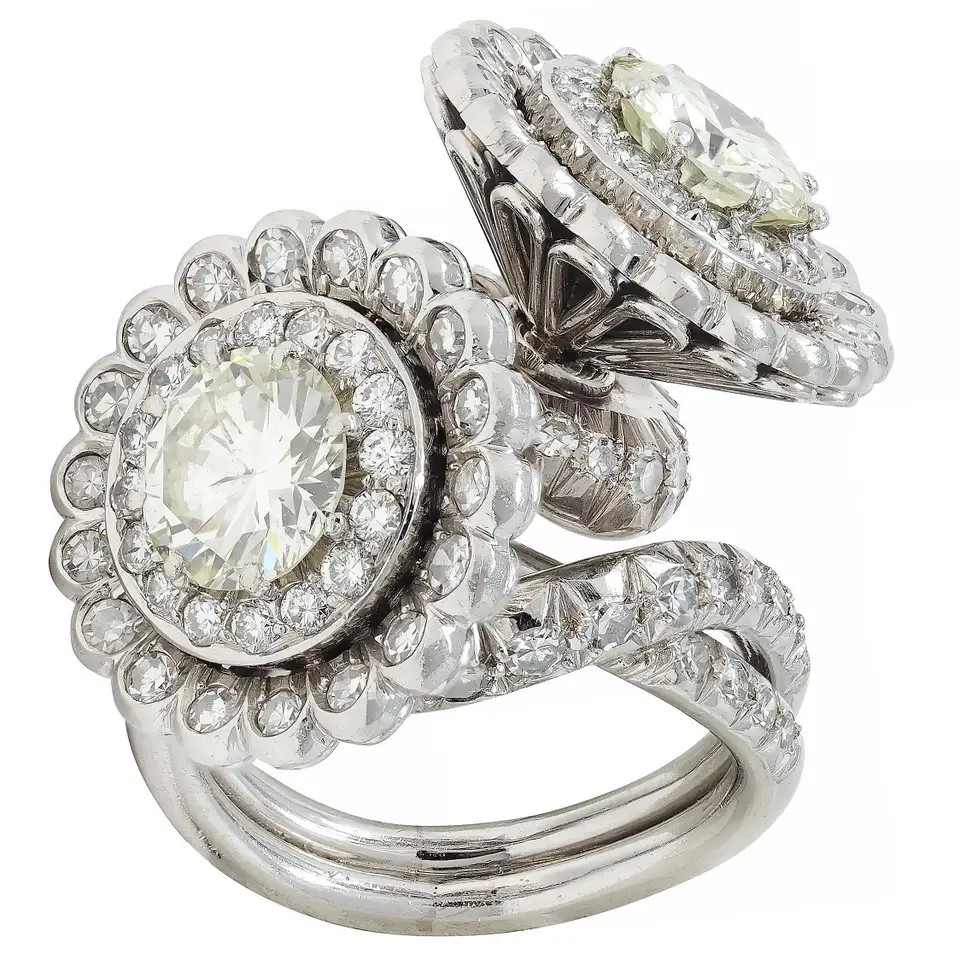 Mid-Century French 5.85 CTW Diamond Platinum Vintage Halo Bypass Floral Ring | 1stDibs