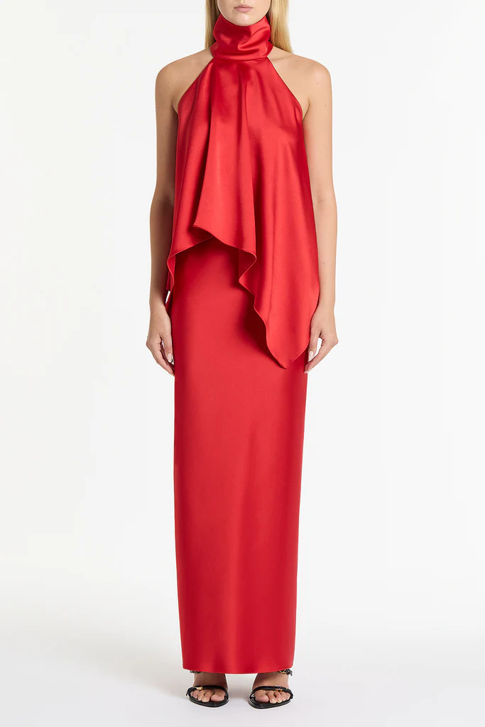 RED SATIN DRAPED HALTER TOP | Carla Zampatti