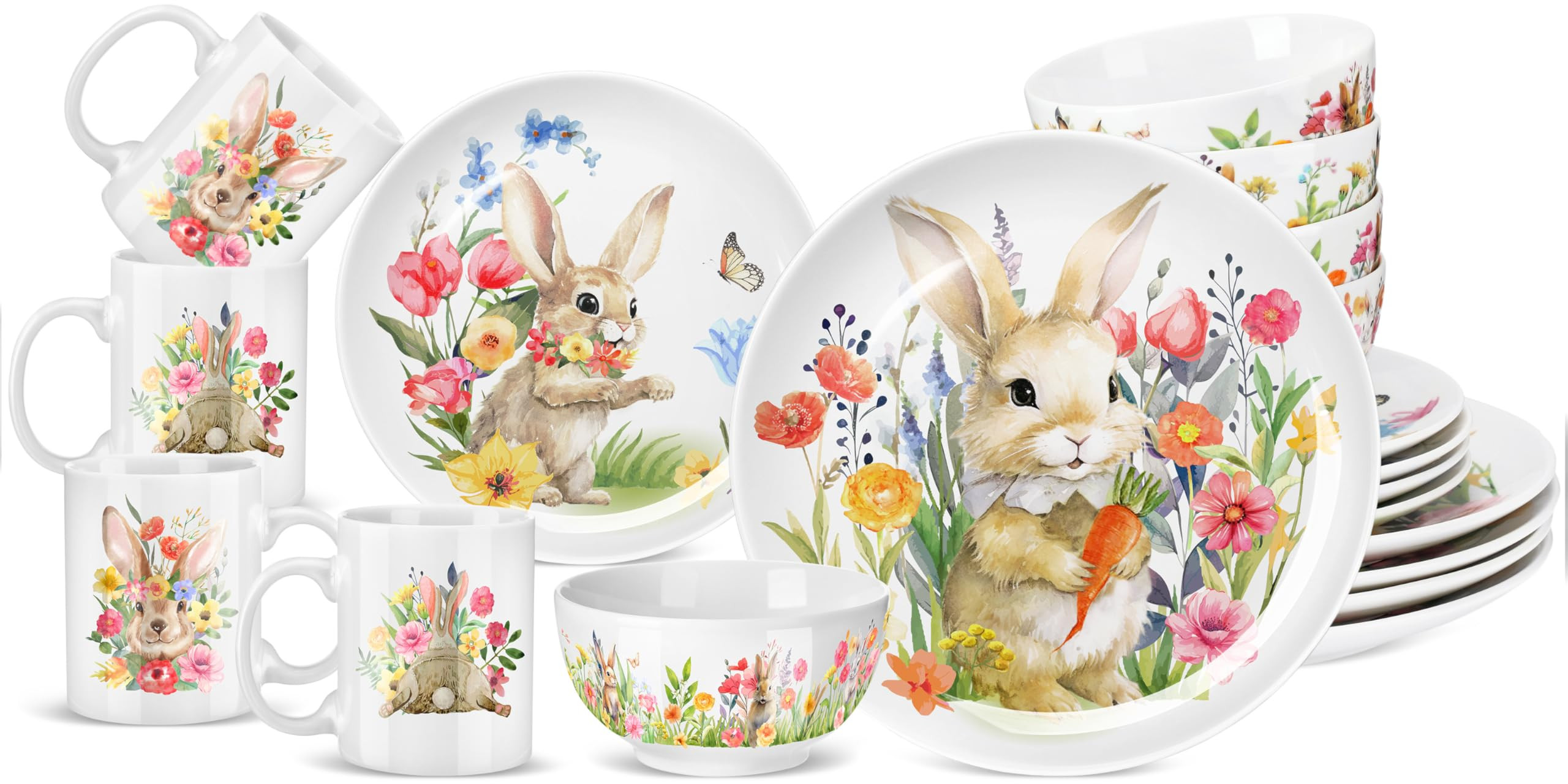 Zhehao 16 Pcs Easter Bunny Dinnerware Set Ceramics Rabbit Dishware Include 10 Inch Dinner Plate 7... | Amazon (US)