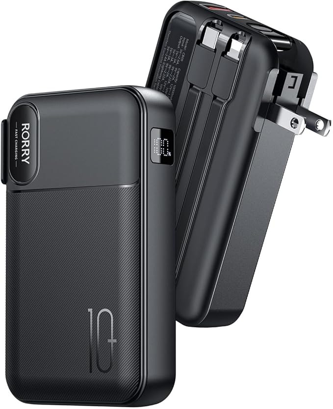 RORRY Portable Charger Built in Cables, AC Wall Plug In Portable Charger Power Bank 10000mAh Trav... | Amazon (US)