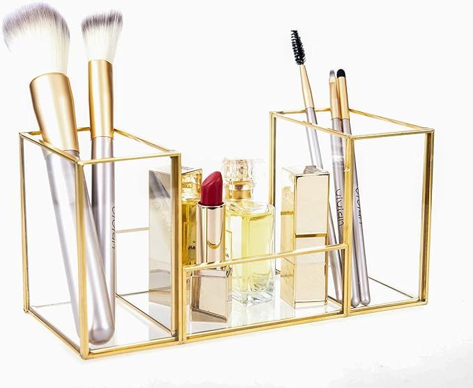 Feyarl Gold Clear Glass Pens Holder Office Supplies Clips Tools Organizer Storage Makeup Brush ... | Amazon (US)