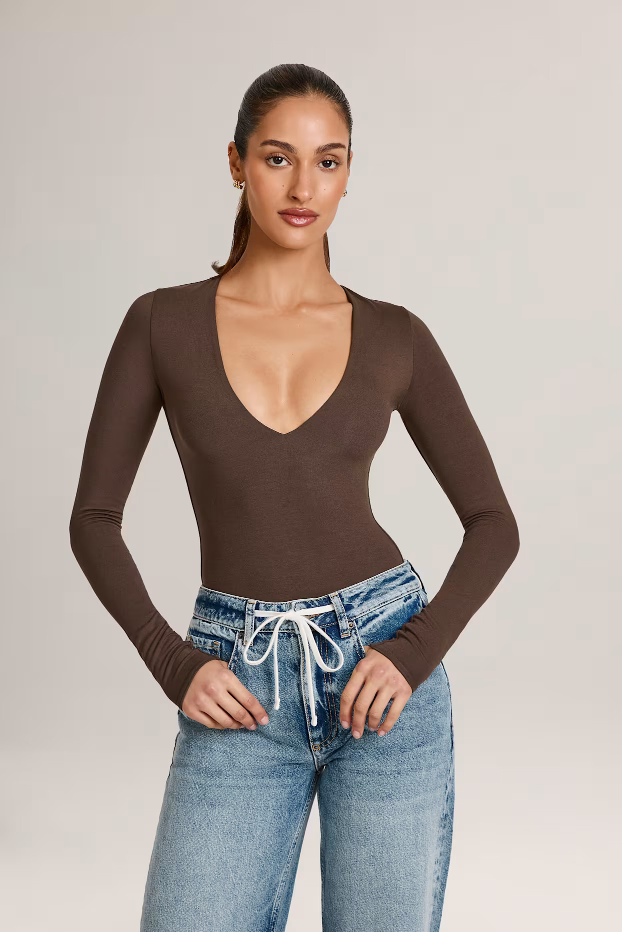 Modal Plunge Long-Sleeve Bodysuit in Chocolate Brown | Oh Polly