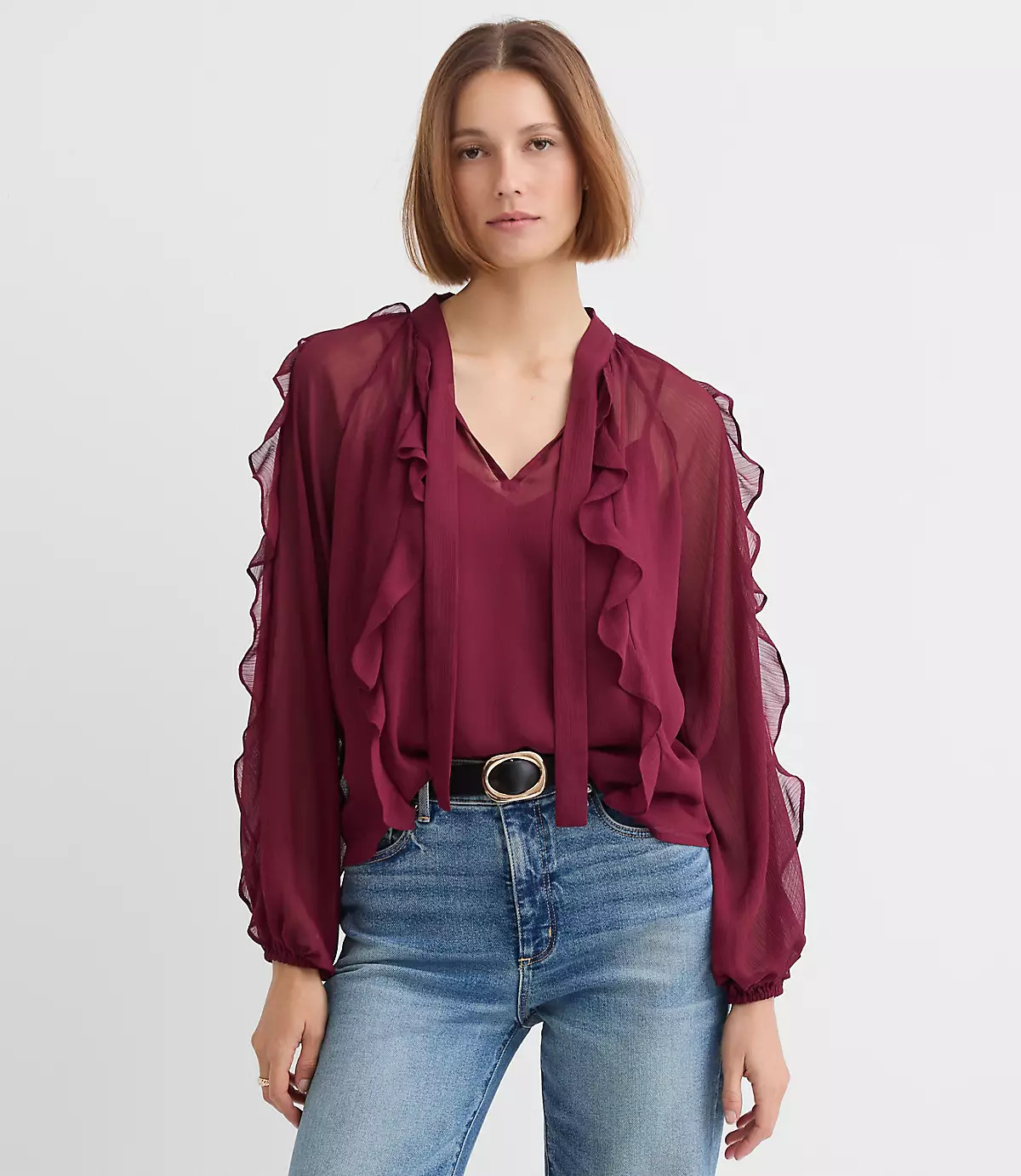 Ruffle Tie Neck Blouse | LOFT