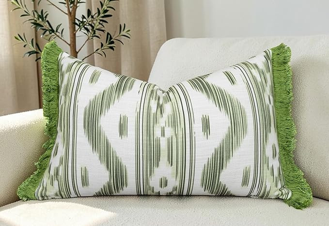 Ikat Diamond Print Lumbar Pillow Cover 12x20, Green | Feathered green ikat diamonds on white with... | Amazon (US)