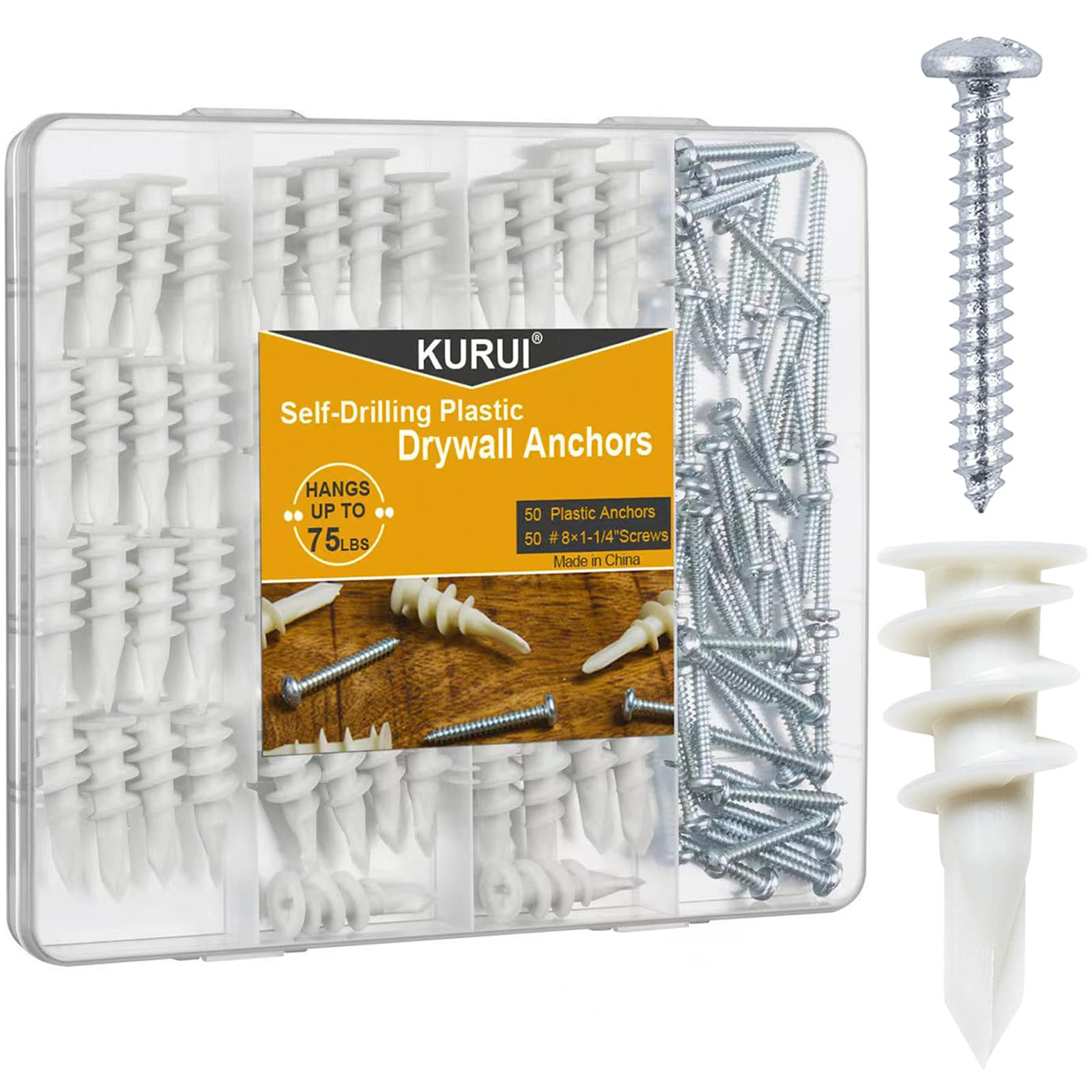 KURUI #8 Self Drilling Drywall Anchors with Screws Kit, 100PCs Dry Wall Anchors Kit for Hanging S... | Amazon (US)