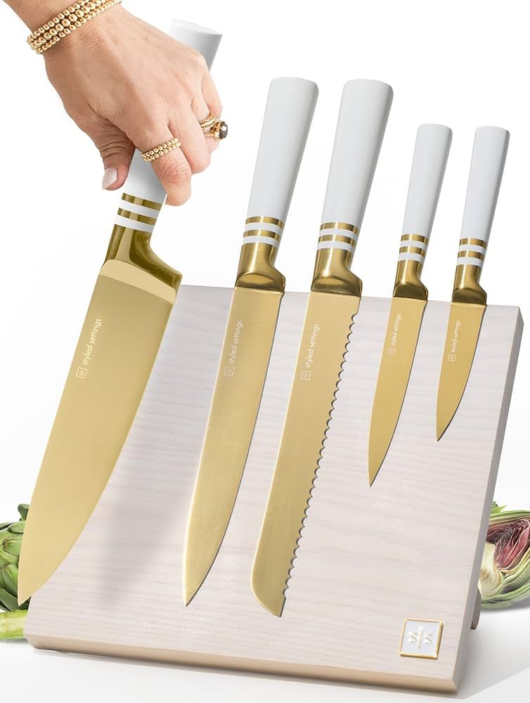 White and Gold Knife Set with Block- 6 PC White and Gold Kitchen Knife Set with Magnetic Knife Ho... | Amazon (US)