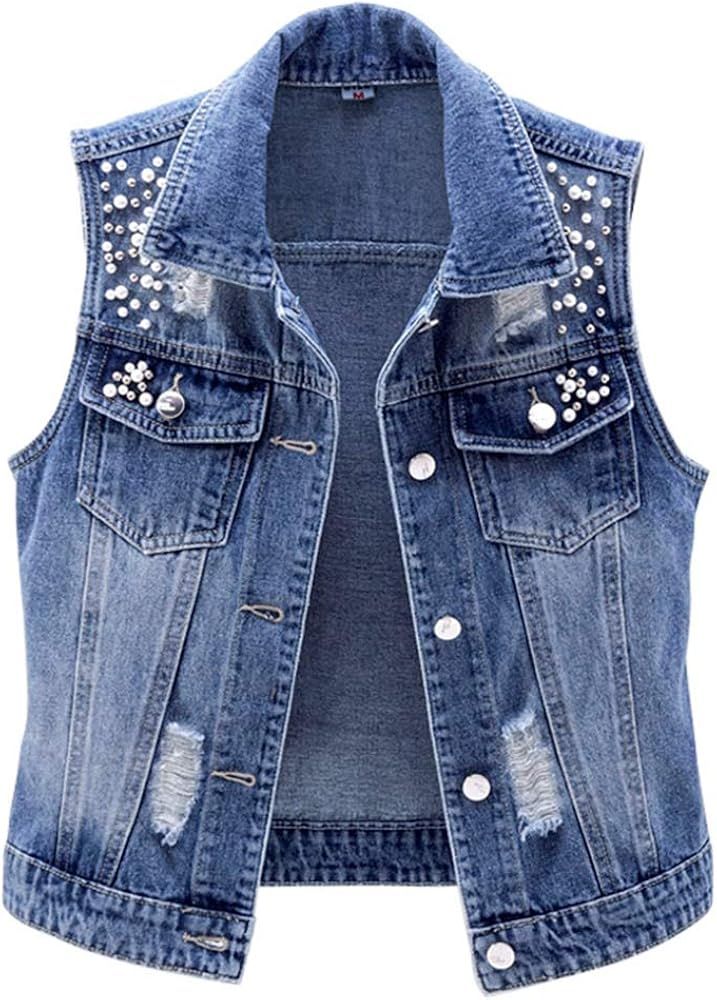 LifeShe Womens Beading Pearls Sleeveless Denim Vest Jean Jacket Coat | Amazon (US)