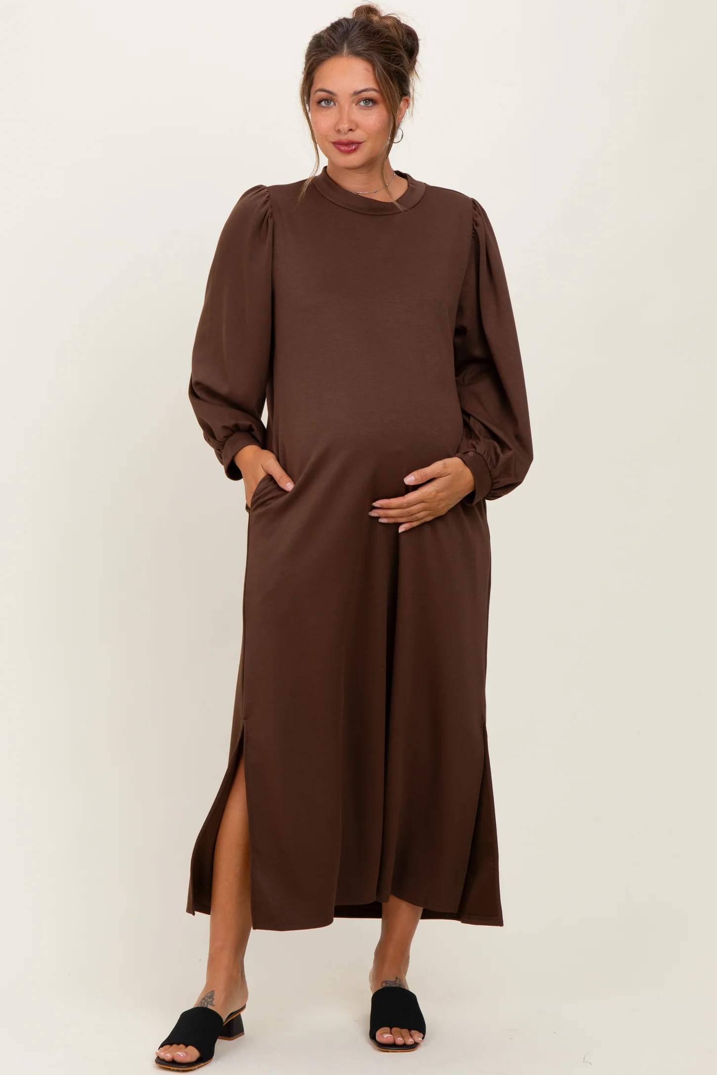 Brown Side Slit Detail Solid Maternity Midi Dress | PinkBlush Maternity